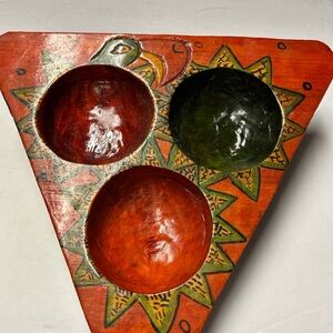 Hand-Painted Triangular Wooden Bowl Tray — Orange, Red & Green